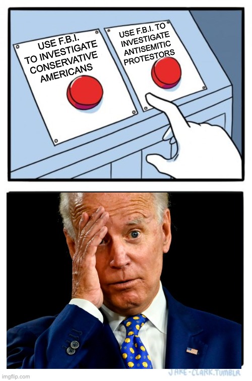 Two Buttons | USE F.B.I. TO 
INVESTIGATE ANTISEMITIC
PROTESTORS; USE F.B.I. TO INVESTIGATE CONSERVATIVE AMERICANS | image tagged in memes,two buttons | made w/ Imgflip meme maker