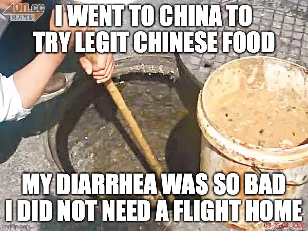 What food in China is actually like | I WENT TO CHINA TO TRY LEGIT CHINESE FOOD; MY DIARRHEA WAS SO BAD I DID NOT NEED A FLIGHT HOME | image tagged in funny,funny memes,relatable | made w/ Imgflip meme maker