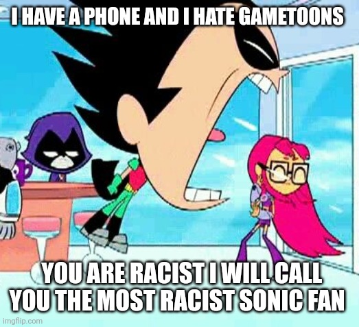 robin yelling at starfire | I HAVE A PHONE AND I HATE GAMETOONS YOU ARE RACIST I WILL CALL YOU THE MOST RACIST SONIC FAN | image tagged in robin yelling at starfire | made w/ Imgflip meme maker