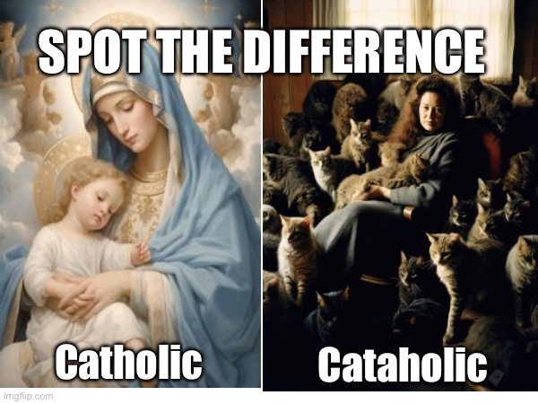 Spot the difference | SPOT THE DIFFERENCE; Cataholic; Catholic | image tagged in funny,anti-religion | made w/ Imgflip meme maker