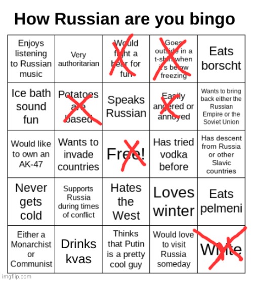 Haha funny America man go brrr | image tagged in how russian are you bingo | made w/ Imgflip meme maker