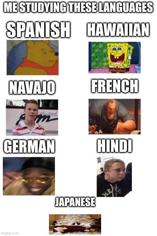 This one took me a while | ME STUDYING THESE LANGUAGES; SPANISH; HAWAIIAN; FRENCH; NAVAJO; HINDI; GERMAN; JAPANESE | image tagged in language,spanish,hawaiian,french,german,japanese | made w/ Imgflip meme maker