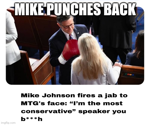 Mike grows a pair | MIKE PUNCHES BACK | image tagged in mtg,mike johnson,speaker | made w/ Imgflip meme maker