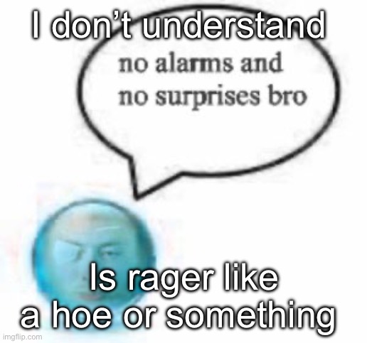 no alarms bro ball | I don’t understand; Is rager like a hoe or something | image tagged in no alarms bro ball | made w/ Imgflip meme maker