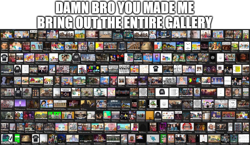 for the most unfunny memes out there. feel free to use | DAMN BRO YOU MADE ME BRING OUT THE ENTIRE GALLERY | image tagged in the entire gallery,memes,not funny,didn't laugh,template,damn bro you got the whole squad laughing | made w/ Imgflip meme maker