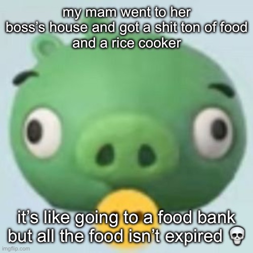 Why is her boss either really nice or a huge bitch tho | my mam went to her boss’s house and got a shit ton of food
and a rice cooker; it’s like going to a food bank but all the food isn’t expired 💀 | image tagged in pigggy | made w/ Imgflip meme maker