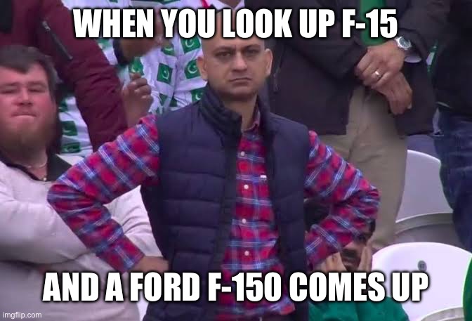 Ford f-15 0 | WHEN YOU LOOK UP F-15; AND A FORD F-150 COMES UP | image tagged in disappointed man | made w/ Imgflip meme maker