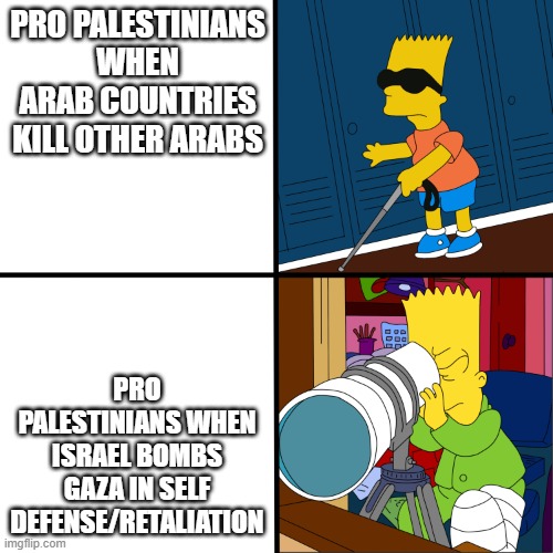 Double standards are out the window with this one | PRO PALESTINIANS WHEN ARAB COUNTRIES KILL OTHER ARABS; PRO PALESTINIANS WHEN ISRAEL BOMBS GAZA IN SELF DEFENSE/RETALIATION | image tagged in bart simpson blind template,israel,palestine,bomb | made w/ Imgflip meme maker
