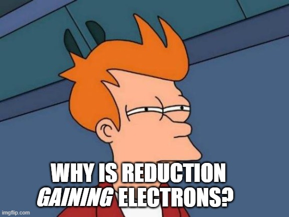 Reduction in oxidation | WHY IS REDUCTION                   ELECTRONS? GAINING | image tagged in memes,futurama fry | made w/ Imgflip meme maker