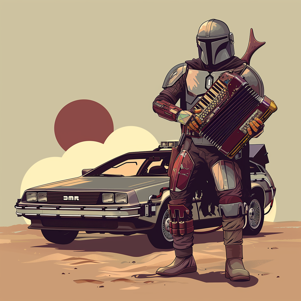 High Quality Cool Mandalorian plays accordion and drives a DeLorean Blank Meme Template