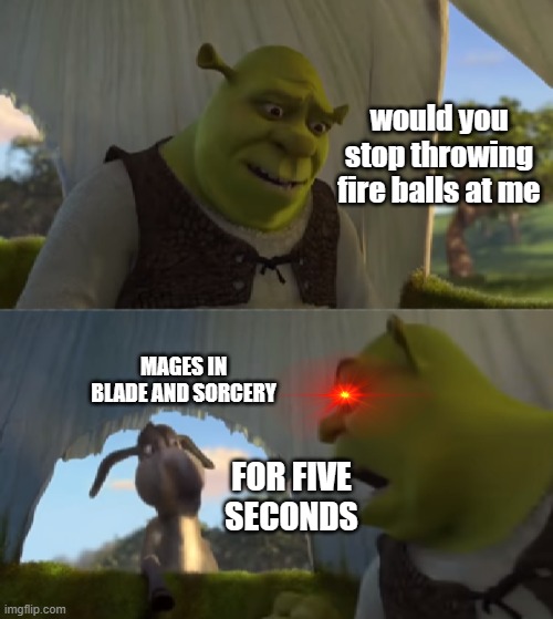 PLEASE BRO | would you stop throwing fire balls at me; MAGES IN BLADE AND SORCERY; FOR FIVE SECONDS | image tagged in would you just stop | made w/ Imgflip meme maker