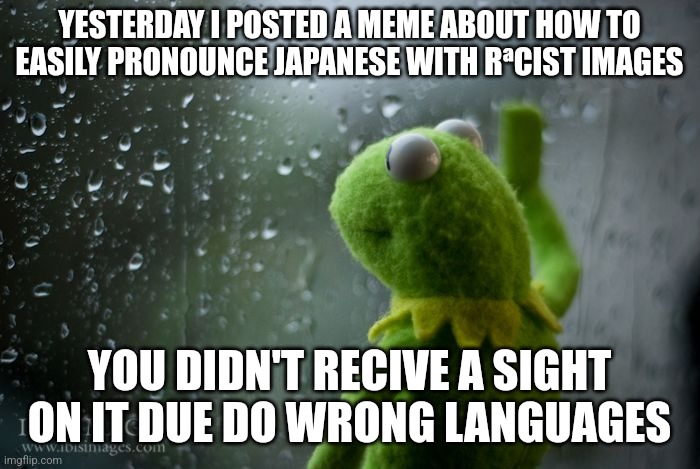 Like... who made the English language only rule is stupid and forever will ever be! | YESTERDAY I POSTED A MEME ABOUT HOW TO EASILY PRONOUNCE JAPANESE WITH RªCIST IMAGES; YOU DIDN'T RECIVE A SIGHT ON IT DUE DO WRONG LANGUAGES | image tagged in kermit window,memes,bad news,grammar | made w/ Imgflip meme maker