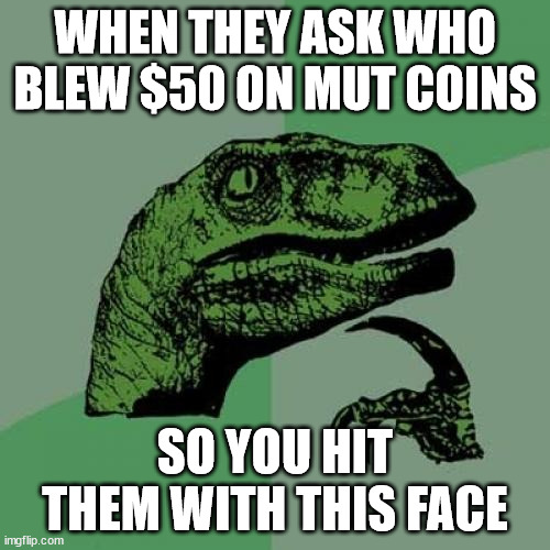 Knowing damn well it was you | WHEN THEY ASK WHO BLEW $50 ON MUT COINS; SO YOU HIT THEM WITH THIS FACE | image tagged in memes,philosoraptor | made w/ Imgflip meme maker