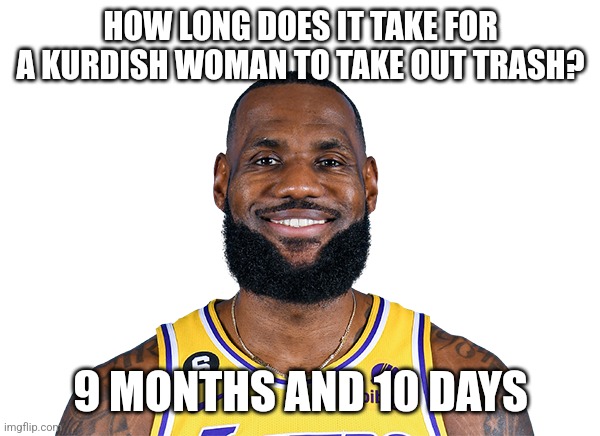 Lebron James | HOW LONG DOES IT TAKE FOR A KURDISH WOMAN TO TAKE OUT TRASH? 9 MONTHS AND 10 DAYS | image tagged in lebron james | made w/ Imgflip meme maker