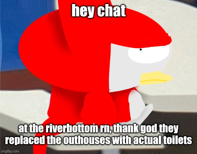 bro is staring at you | hey chat; at the riverbottom rn, thank god they replaced the outhouses with actual toilets | image tagged in bro is staring at you | made w/ Imgflip meme maker