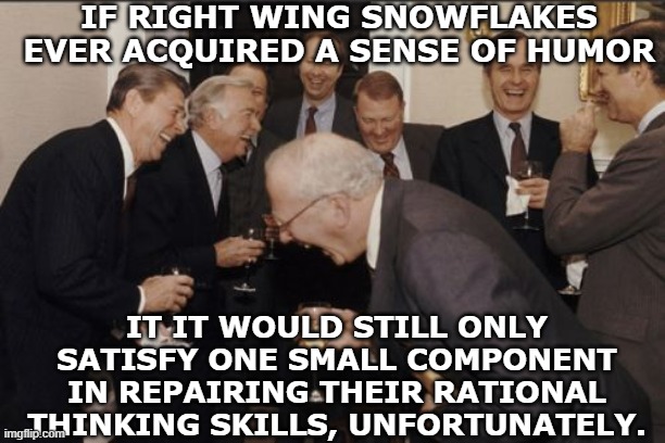 IF RIGHT WING SNOWFLAKES EVER ACQUIRED A SENSE OF HUMOR IT IT WOULD STILL ONLY SATISFY ONE SMALL COMPONENT IN REPAIRING THEIR RATIONAL THINK | image tagged in memes,laughing men in suits | made w/ Imgflip meme maker
