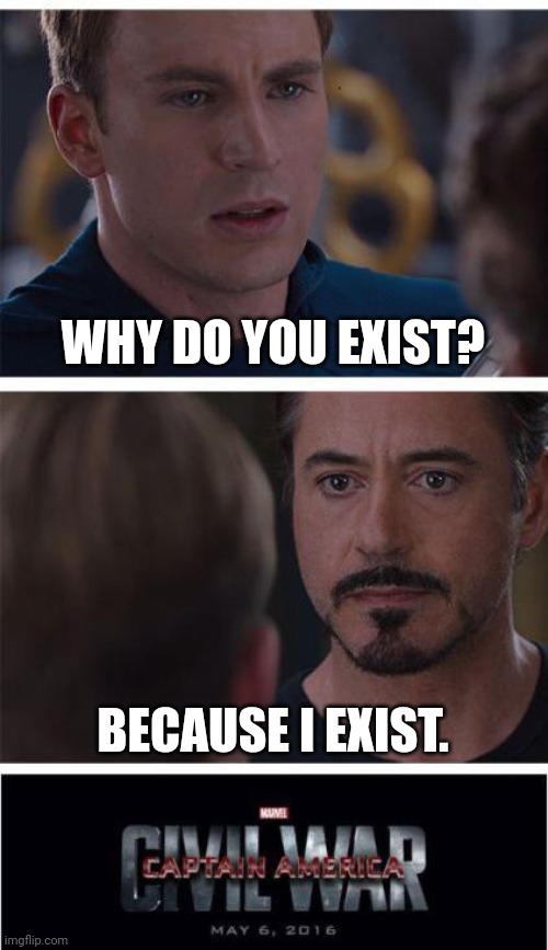 Hehe | WHY DO YOU EXIST? BECAUSE I EXIST. | image tagged in memes,marvel civil war 1 | made w/ Imgflip meme maker