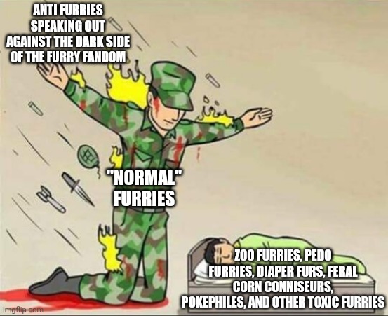 And they claim to not be toxic | ANTI FURRIES SPEAKING OUT AGAINST THE DARK SIDE OF THE FURRY FANDOM; "NORMAL" FURRIES; ZOO FURRIES, PEDO FURRIES, DIAPER FURS, FERAL CORN CONNISEURS, POKEPHILES, AND OTHER TOXIC FURRIES | image tagged in soldier protecting sleeping child,anti furry,fax,facts | made w/ Imgflip meme maker