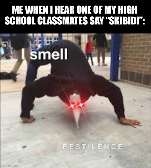 I SMELL PESTILENCE | ME WHEN I HEAR ONE OF MY HIGH SCHOOL CLASSMATES SAY “SKIBIDI”: | image tagged in i smell pestilence | made w/ Imgflip meme maker