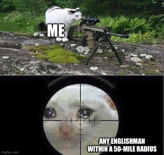Sniper cat | ME ANY ENGLISHMAN WITHIN A 50-MILE RADIUS | image tagged in sniper cat | made w/ Imgflip meme maker