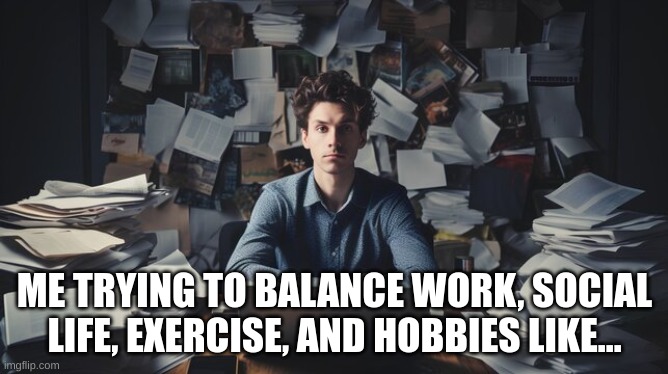 Me balancing EVERYTHING | ME TRYING TO BALANCE WORK, SOCIAL LIFE, EXERCISE, AND HOBBIES LIKE... | image tagged in funny | made w/ Imgflip meme maker