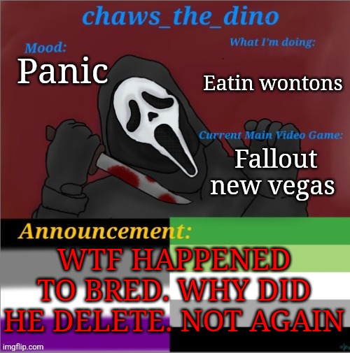 WTF HAPPENED | Eatin wontons; Panic; Fallout new vegas; WTF HAPPENED TO BRED. WHY DID HE DELETE. NOT AGAIN | image tagged in chaws_the_dino announcement temp,never forget | made w/ Imgflip meme maker
