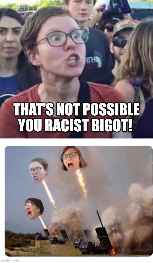 THAT'S NOT POSSIBLE YOU RACIST BIGOT! | image tagged in angry liberal,libtard heads exploding | made w/ Imgflip meme maker