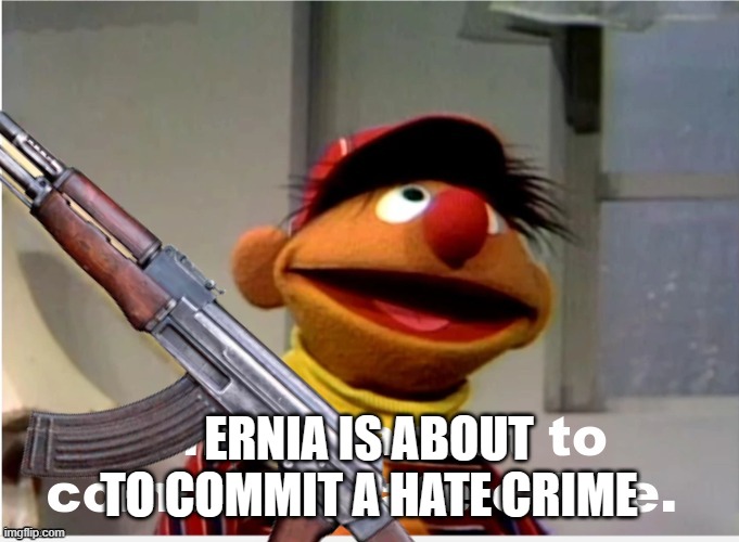 ERNIA IS ABOUT TO COMMIT A HATE CRIME | image tagged in ernie is about to commit a hate crime | made w/ Imgflip meme maker