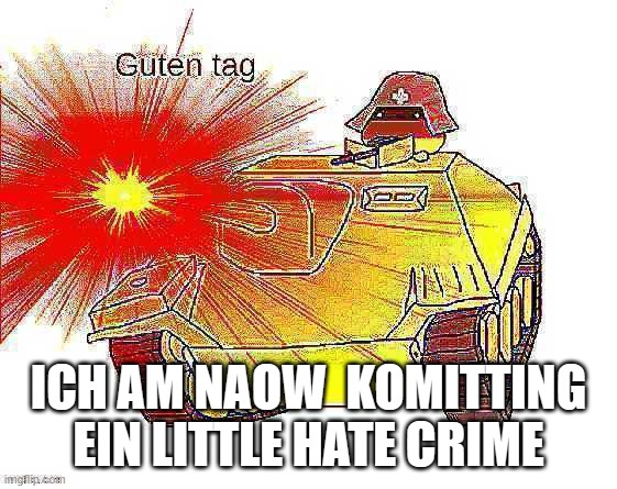 ICH AM NAOW  KOMITTING EIN LITTLE HATE CRIME | image tagged in extra deep fried germany | made w/ Imgflip meme maker