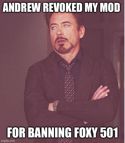 Face You Make Robert Downey Jr | ANDREW REVOKED MY MOD; FOR BANNING FOXY 501 | image tagged in memes,face you make robert downey jr | made w/ Imgflip meme maker
