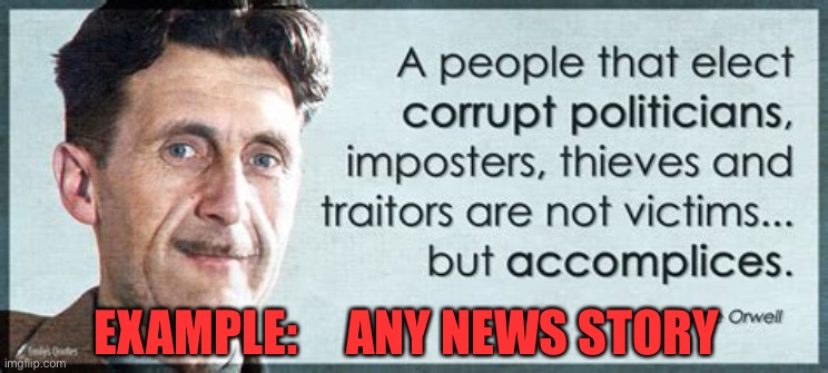 Too many examples to name | EXAMPLE:     ANY NEWS STORY | image tagged in george orwell,government corruption,corruption,democrats,biden | made w/ Imgflip meme maker