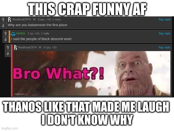 WTF this crap hilarious | THIS CRAP FUNNY AF; THANOS LIKE THAT MADE ME LAUGH 
I DON'T KNOW WHY | image tagged in blank white template | made w/ Imgflip meme maker