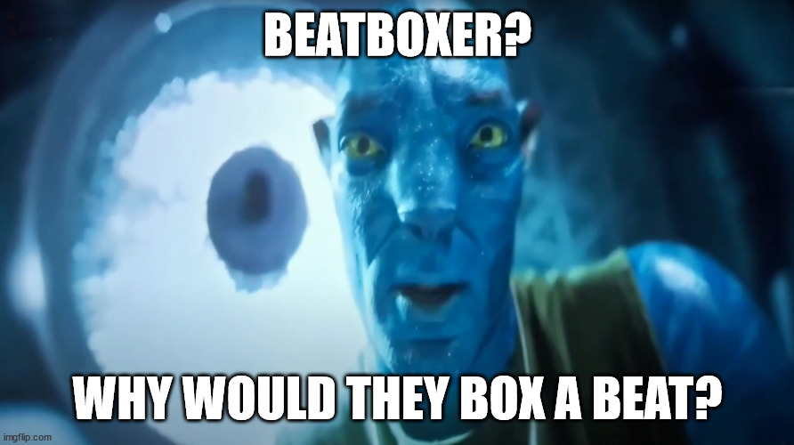 beatboxer? | BEATBOXER? WHY WOULD THEY BOX A BEAT? | image tagged in staring avatar guy | made w/ Imgflip meme maker