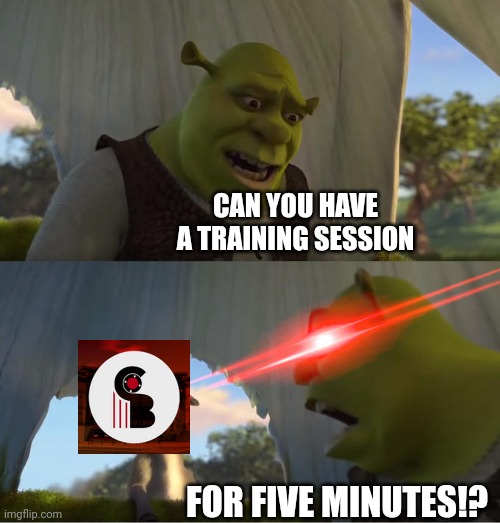 If you've played the game you'll know what I mean | CAN YOU HAVE A TRAINING SESSION; FOR FIVE MINUTES!? | image tagged in shrek for five minutes,cinema,roblox | made w/ Imgflip meme maker