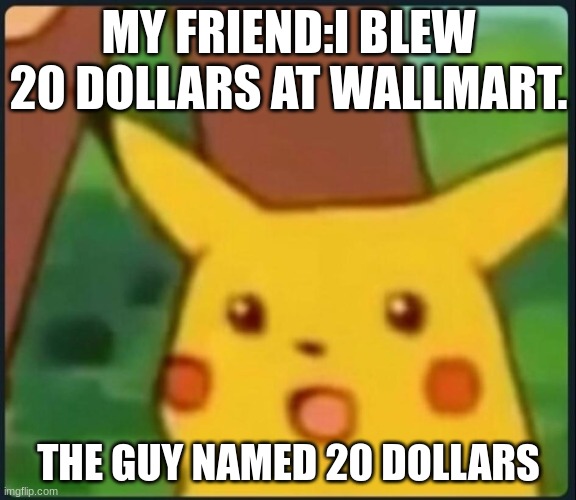 $20 | MY FRIEND:I BLEW 20 DOLLARS AT WALLMART. THE GUY NAMED 20 DOLLARS | image tagged in surprised pikachu | made w/ Imgflip meme maker