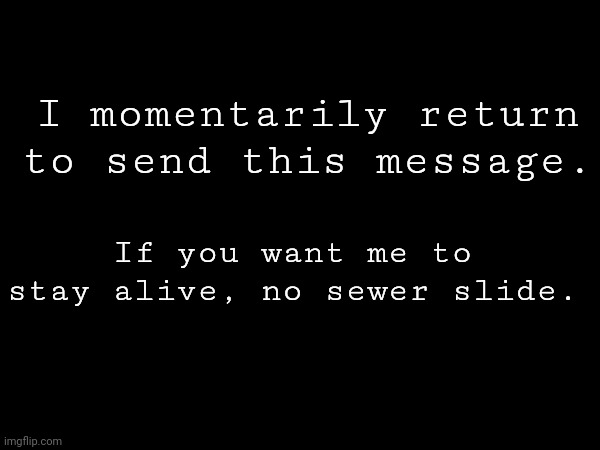 I momentarily return to send this message. If you want me to stay alive, no sewer slide. | made w/ Imgflip meme maker
