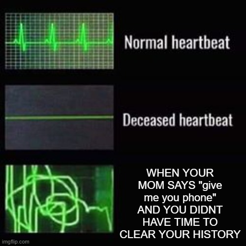 heartbeat rate | WHEN YOUR MOM SAYS "give me you phone" AND YOU DIDNT HAVE TIME TO CLEAR YOUR HISTORY | image tagged in heartbeat rate | made w/ Imgflip meme maker