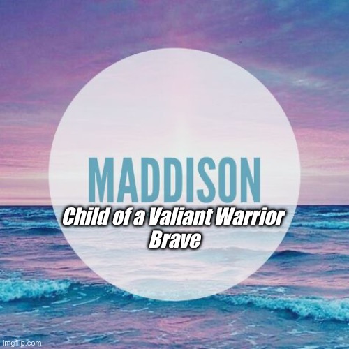 Meaning of Maddison | Child of a Valiant Warrior 
Brave | image tagged in name | made w/ Imgflip meme maker