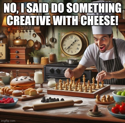 chess chef | NO, I SAID DO SOMETHING CREATIVE WITH CHEESE! | image tagged in chess chef | made w/ Imgflip meme maker