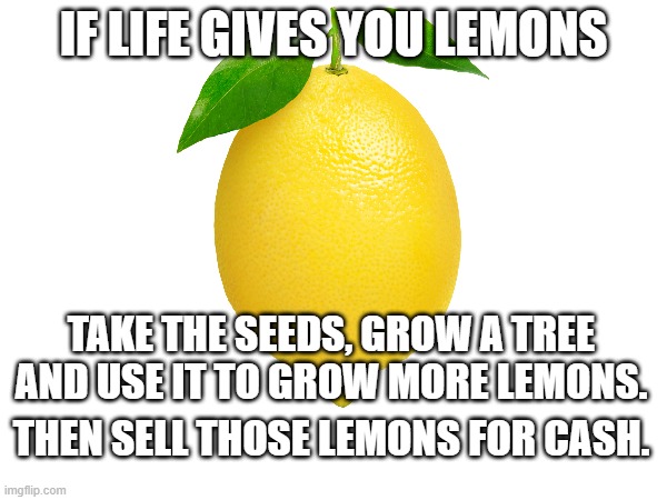 if life gives you lemons... | IF LIFE GIVES YOU LEMONS; TAKE THE SEEDS, GROW A TREE AND USE IT TO GROW MORE LEMONS. THEN SELL THOSE LEMONS FOR CASH. | image tagged in lemon,lemons,when life gives you lemons | made w/ Imgflip meme maker