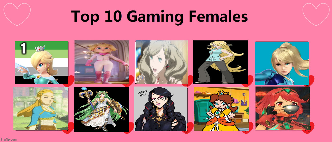top 10 gaming females | 1 | image tagged in top 10 gaming females,nintendo,sega,super mario,legend of zelda | made w/ Imgflip meme maker