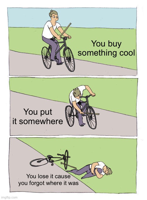 Worst thing is when it's expensive too | You buy something cool; You put it somewhere; You lose it cause you forgot where it was | image tagged in memes,bike fall | made w/ Imgflip meme maker