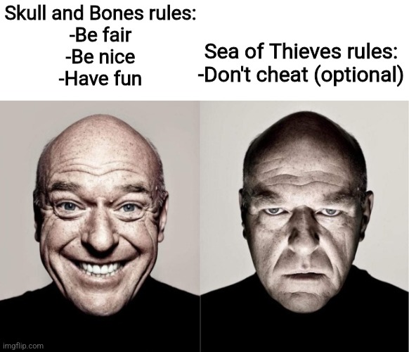 Hank Breaking Bad | Sea of Thieves rules:
-Don't cheat (optional); Skull and Bones rules:
-Be fair
-Be nice
-Have fun | image tagged in hank breaking bad | made w/ Imgflip meme maker