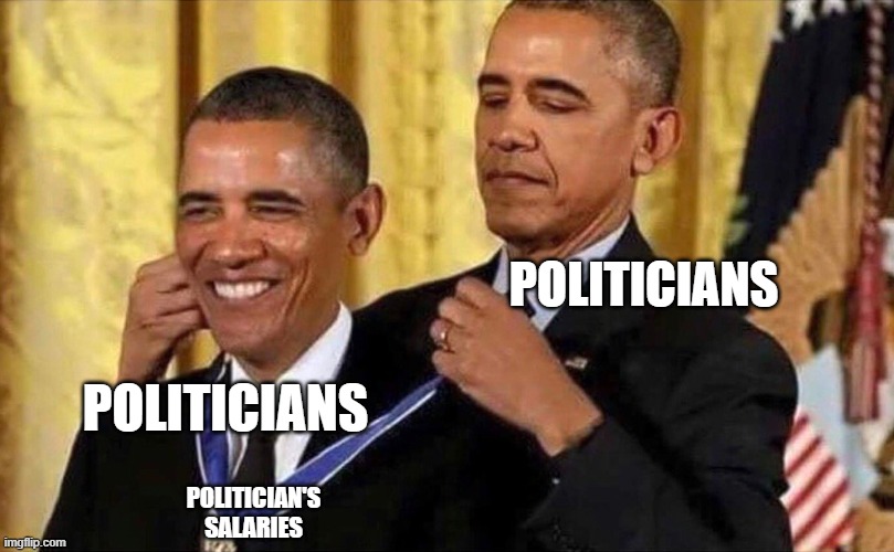 obama medal | POLITICIANS; POLITICIANS; POLITICIAN'S SALARIES | image tagged in obama medal | made w/ Imgflip meme maker