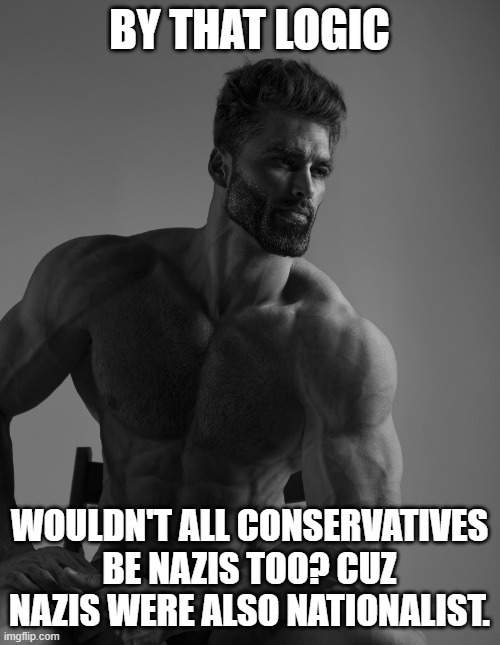 Giga Chad | BY THAT LOGIC WOULDN'T ALL CONSERVATIVES BE NAZIS TOO? CUZ NAZIS WERE ALSO NATIONALIST. | image tagged in giga chad | made w/ Imgflip meme maker