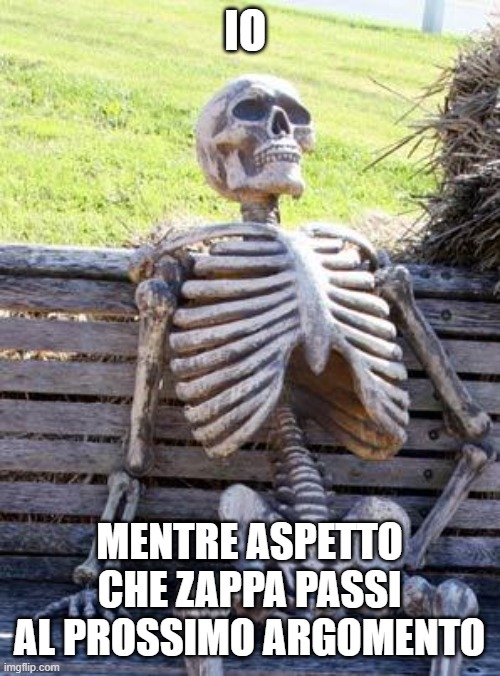 Waiting skeleton | IO; MENTRE ASPETTO CHE ZAPPA PASSI AL PROSSIMO ARGOMENTO | image tagged in memes,waiting skeleton | made w/ Imgflip meme maker