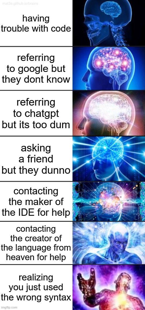 the life of a coder | having trouble with code; referring to google but they dont know; referring to chatgpt but its too dum; asking a friend but they dunno; contacting the maker of the IDE for help; contacting the creator of the language from heaven for help; realizing you just used the wrong syntax | image tagged in 7-tier expanding brain | made w/ Imgflip meme maker