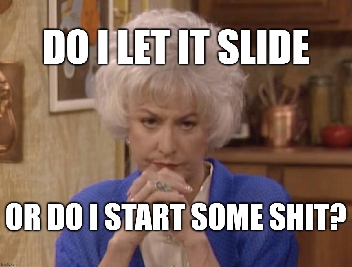 Do I let it slide? | DO I LET IT SLIDE; OR DO I START SOME SHIT? | image tagged in maude,deciding,let it slide,start some shit | made w/ Imgflip meme maker