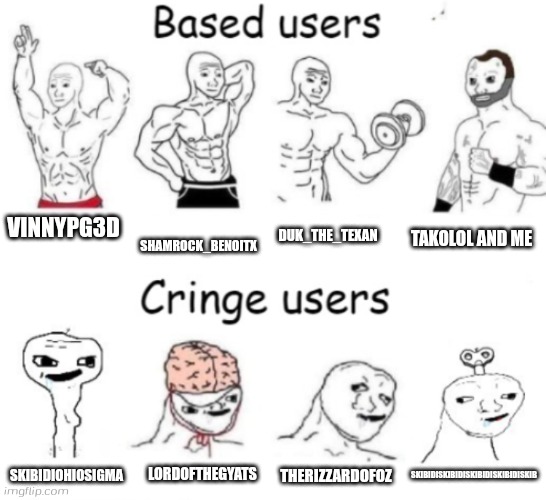 Based users v.s. cringe users | VINNYPG3D; DUK_THE_TEXAN; SHAMROCK_BENOITX; TAKOLOL AND ME; LORDOFTHEGYATS; THERIZZARDOFOZ; SKIBIDISKIBIDISKIBIDISKIBIDISKIB; SKIBIDIOHIOSIGMA | image tagged in based users v s cringe users,stop reading the tags,skibidi toilet sucks,no more skibidi toilet | made w/ Imgflip meme maker