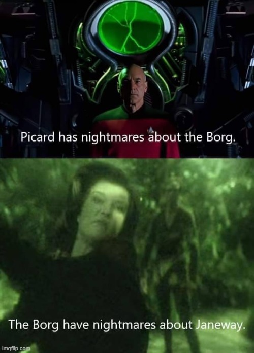 Picard, Janeway and the Borg | image tagged in star trek the next generation,star trek voyager,repost | made w/ Imgflip meme maker